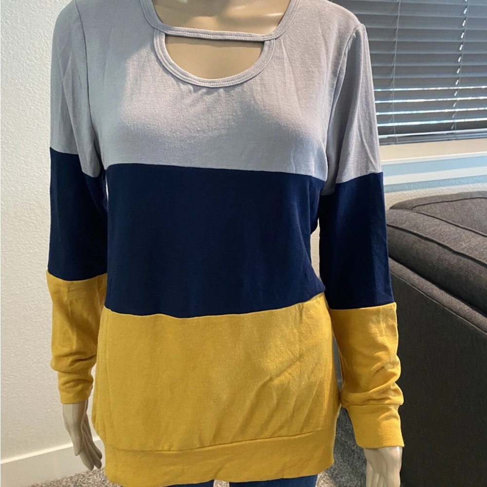 Colorblock Long Sleeve Blue Yellow Top with Cut Out Casual Summer Streetwear
